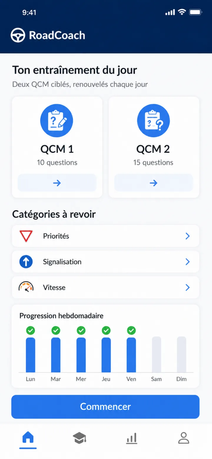 Écran d'accueil RoadCoach avec les QCM et les catégories à revoir