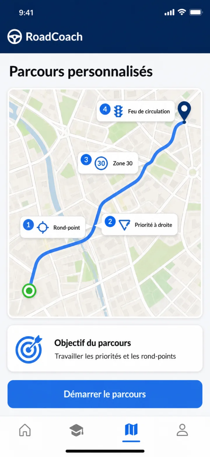Parcours RoadCoach avec des points d'entraînement sur une carte