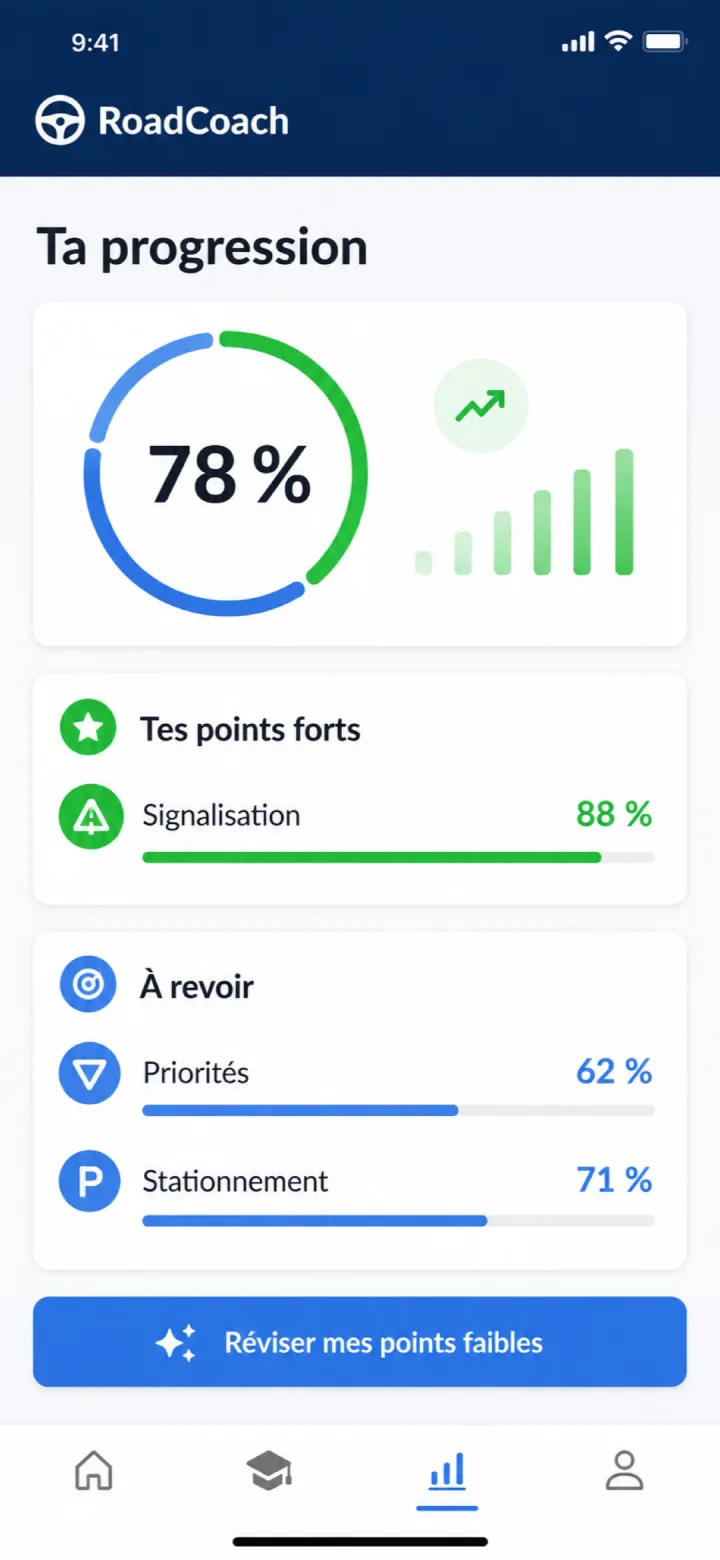 Écran de progression RoadCoach avec points forts et catégories à revoir